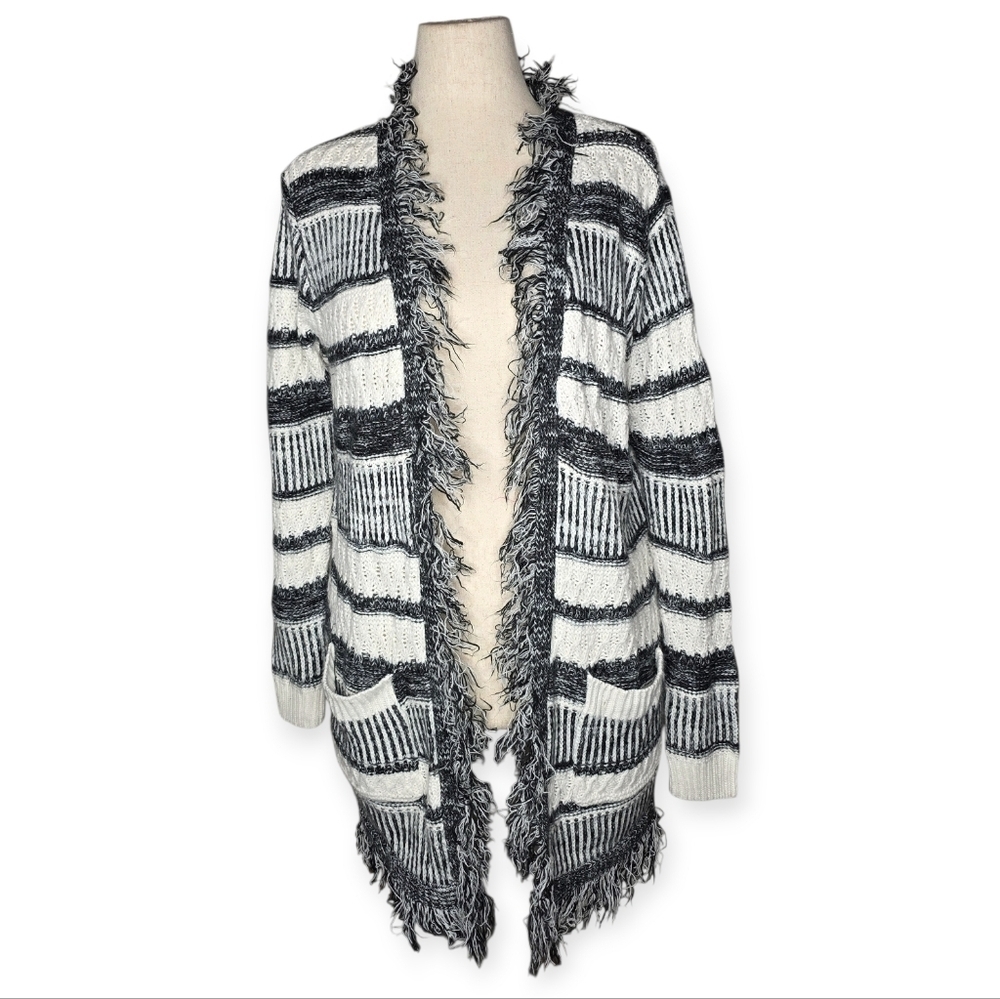 Minkpink Black Ivory Striped Fringe Open Front Cardigan Sweater Size L